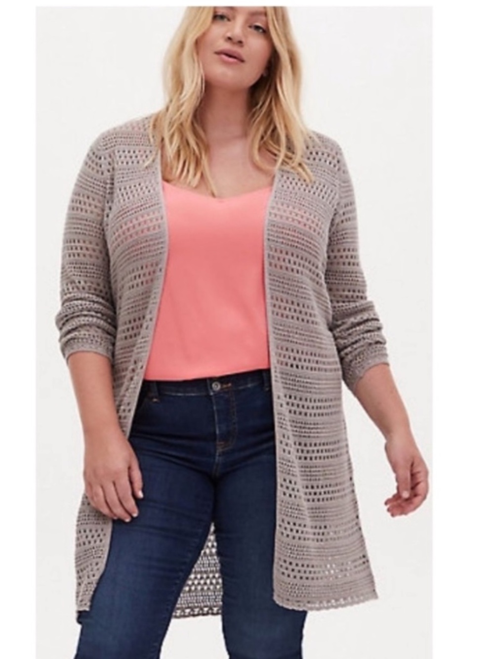 Torrid Pointelle Open Front Duster Cardigan Taupe 100% Cotton Size 1